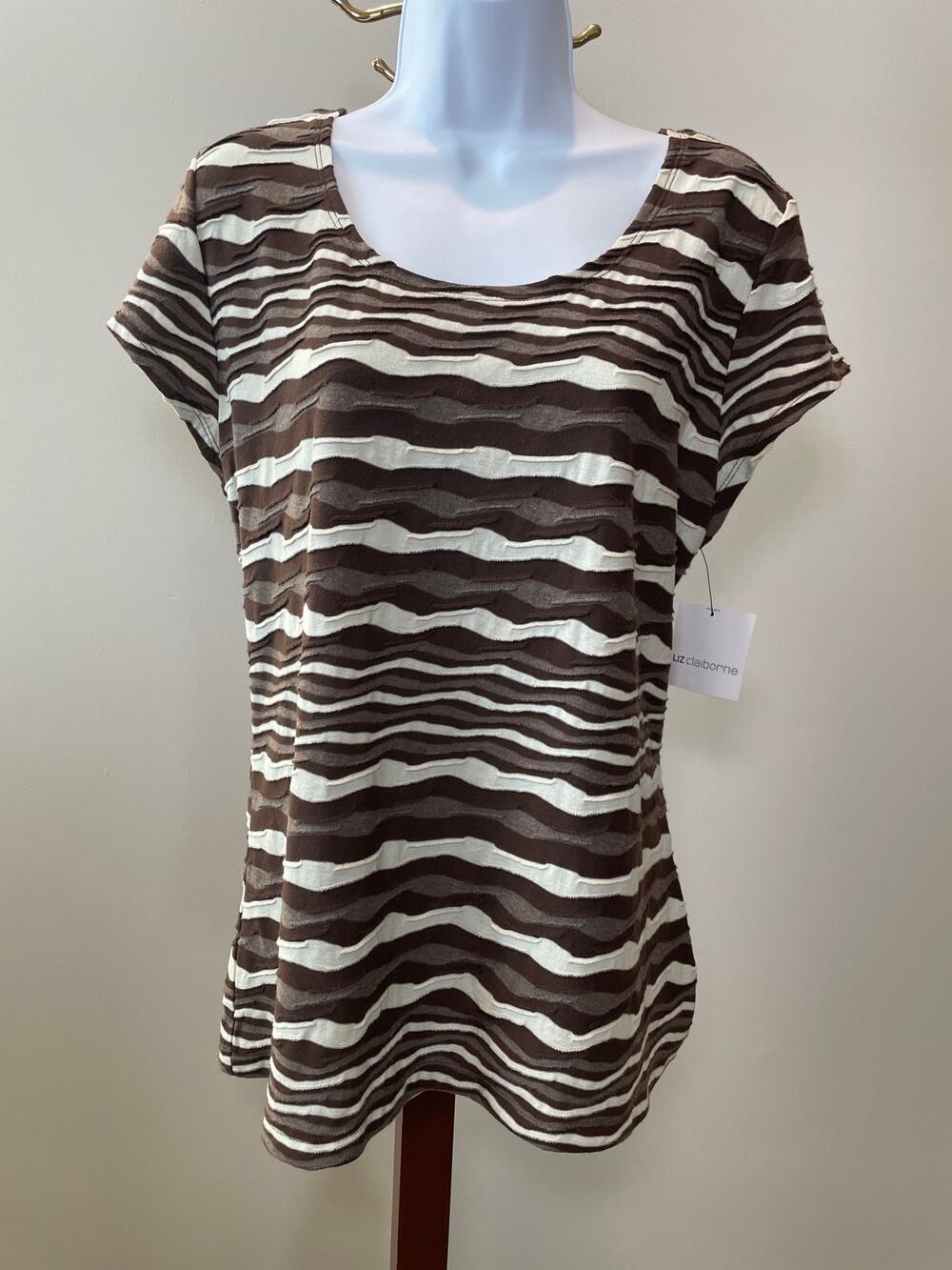 Liz Claiborne Short Sleeve Stripe Top XL Cream Brown NWT